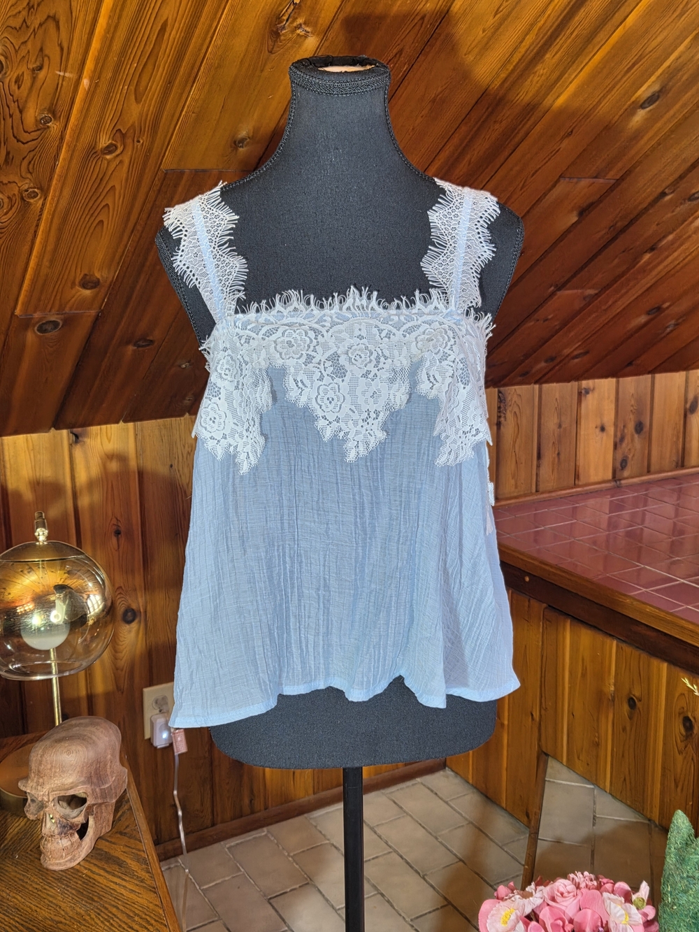 Light Blue Lace-Trim Sleeveless Women's Top